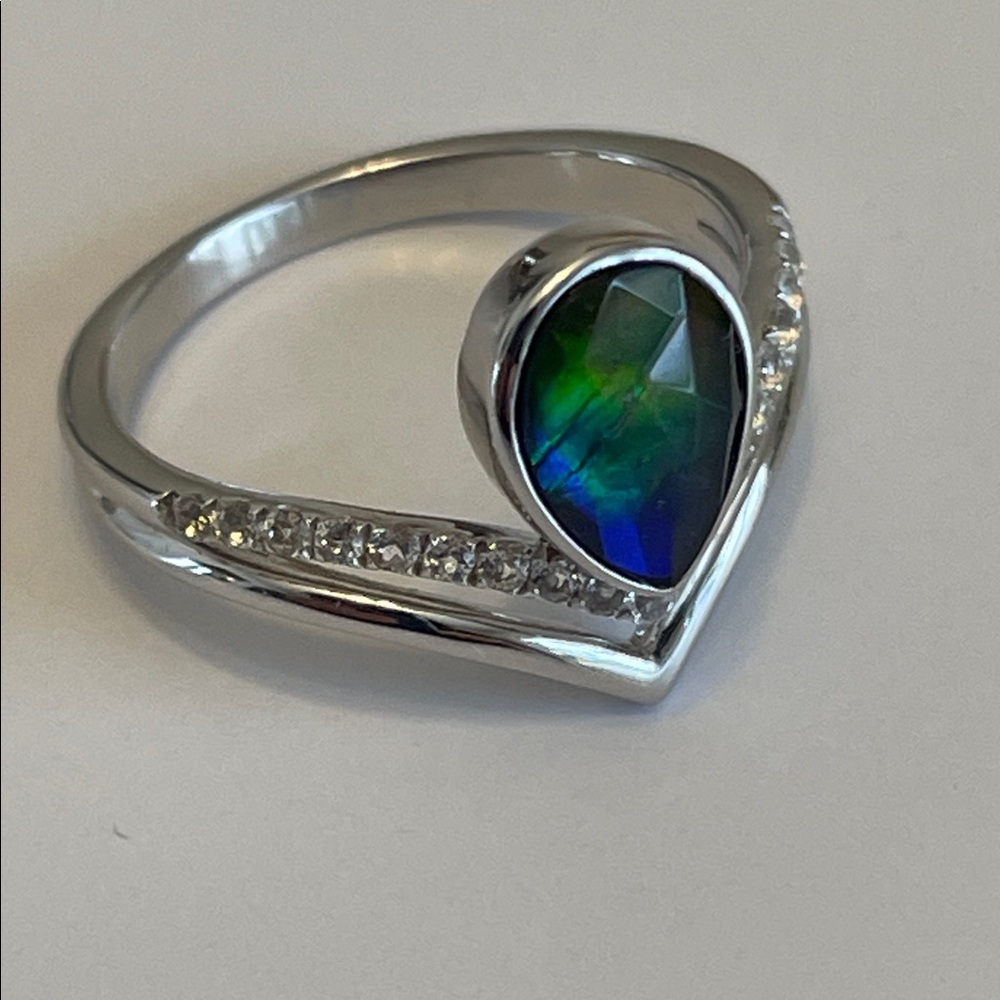 Ammolite Ring In Rhodium Plate 925 Sterling Silver With Blue Colour